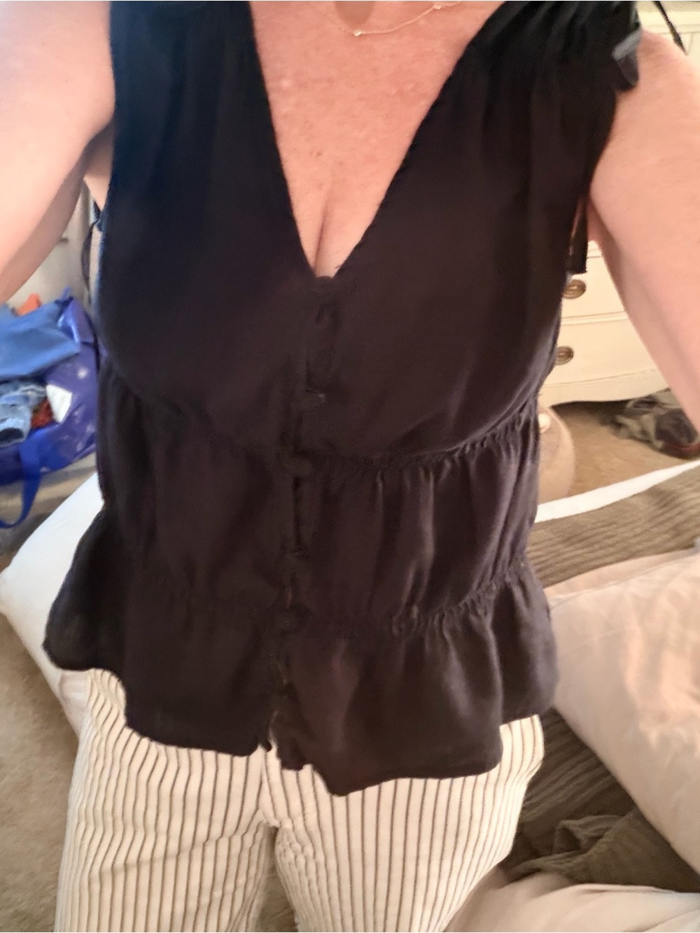 Cynthia Rowley Black Ruffle Button V-Neck Tiered Blouse